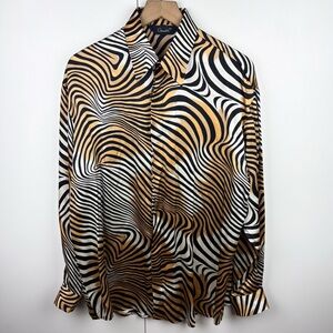 Genelli 100% Silk Zebra Wavy Leopard Animal Print Disco Party Club Vintage Shirt